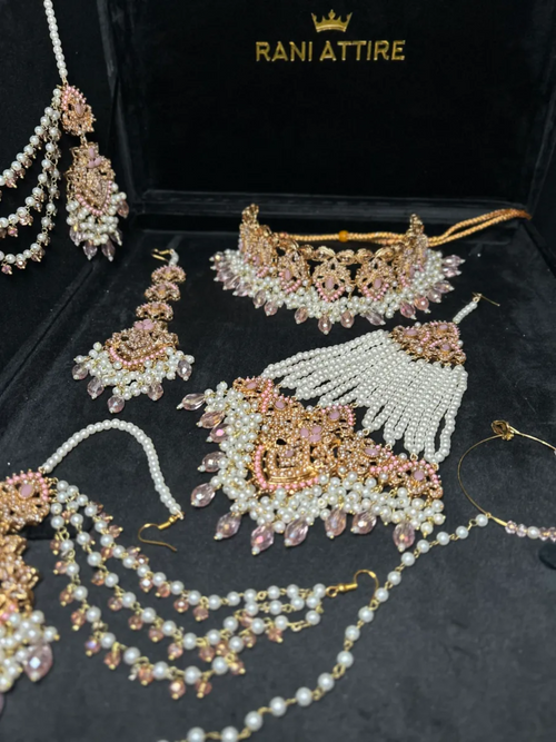 Baby Pink & Gold Choker necklace set, with heavily beaded earrings & tikka - Jewelsbyrani