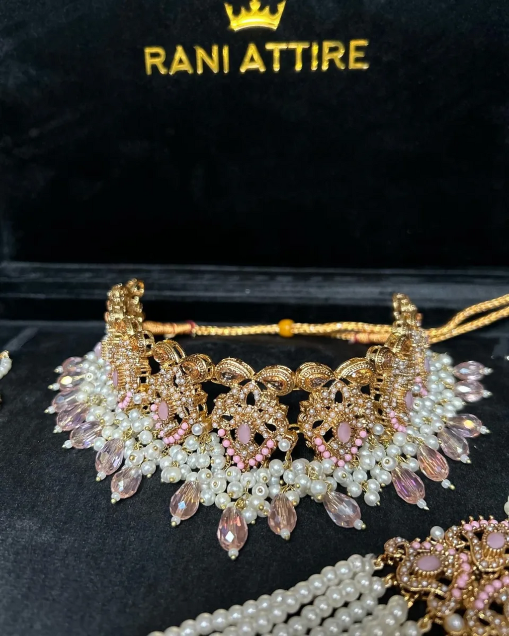 Baby Pink & Gold Choker necklace set, with heavily beaded earrings & tikka - Jewelsbyrani