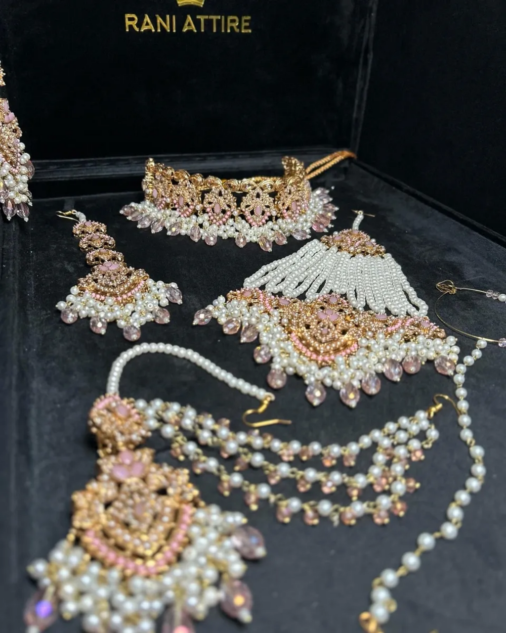 Baby Pink & Gold Choker necklace set, with heavily beaded earrings & tikka - Jewelsbyrani