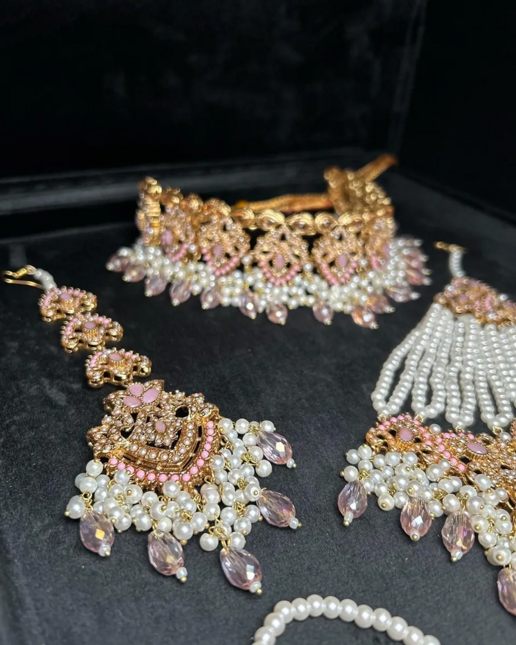 Baby Pink & Gold Choker necklace set, with heavily beaded earrings & tikka - Jewelsbyrani