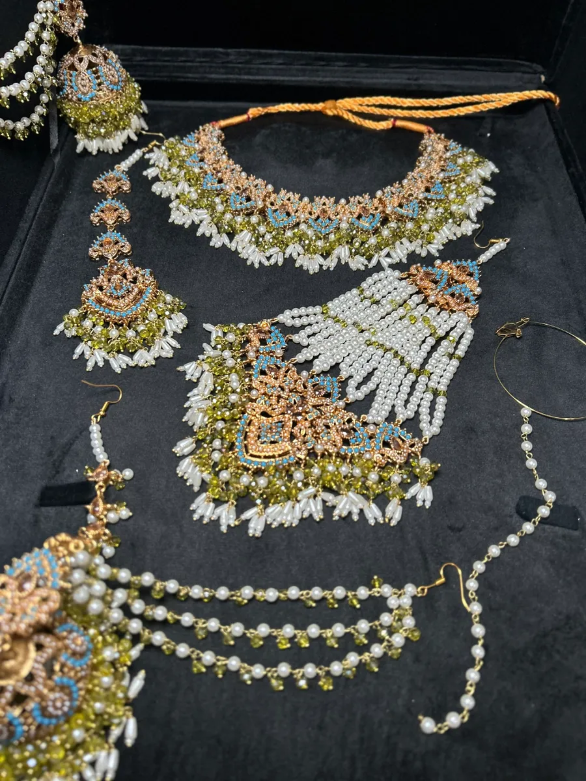 Olive green & Blue necklace set, with heavily beaded earrings & tikka