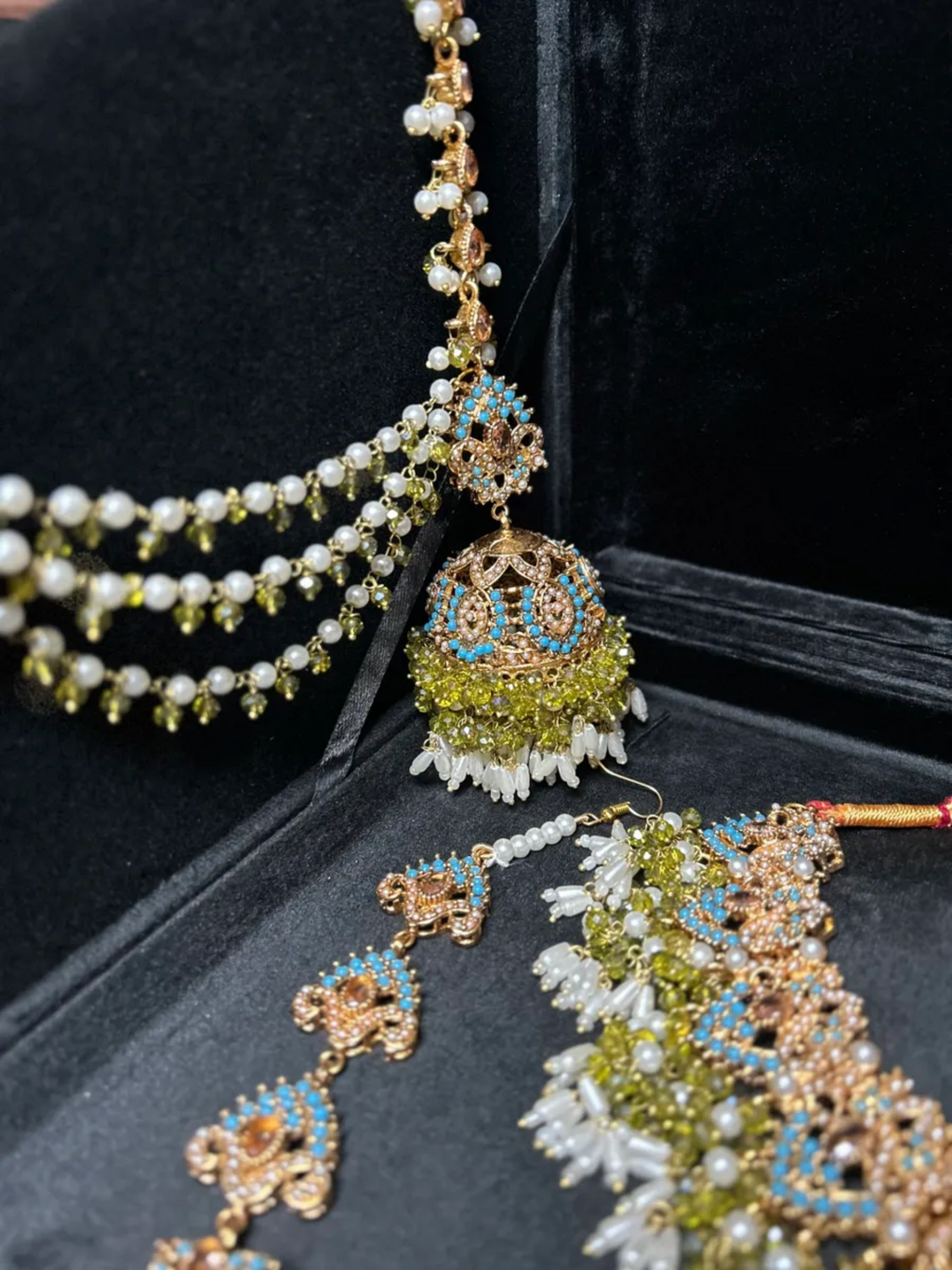 Olive green & Blue necklace set, with heavily beaded earrings & tikka - Jewelsbyrani