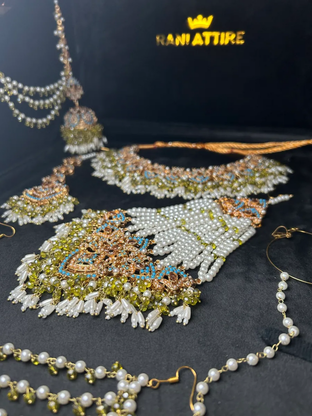 Olive green & Blue necklace set, with heavily beaded earrings & tikka - Jewelsbyrani