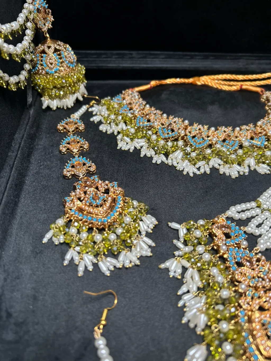 Olive green & Blue necklace set, with heavily beaded earrings & tikka - Jewelsbyrani
