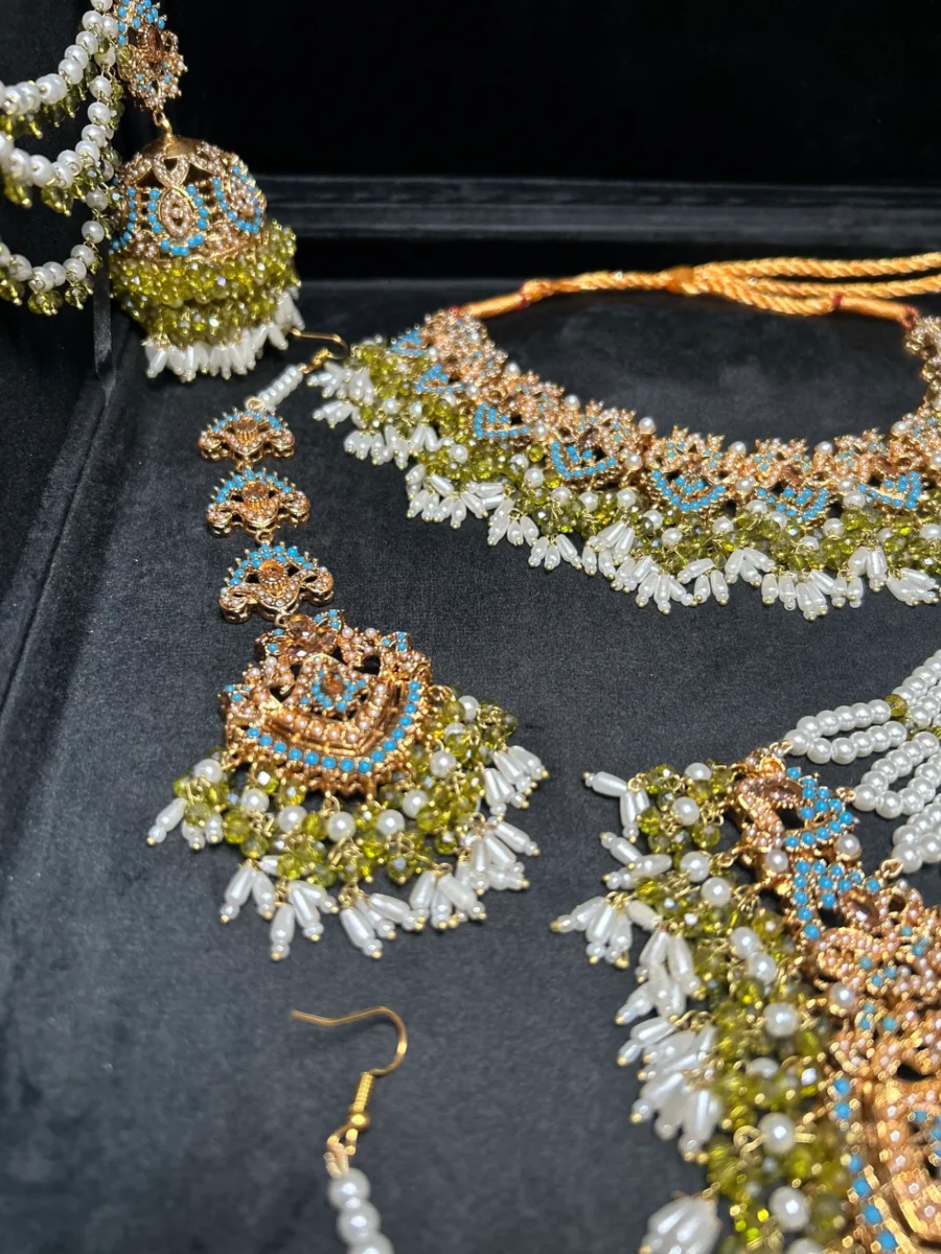 Olive green & Blue necklace set, with heavily beaded earrings & tikka