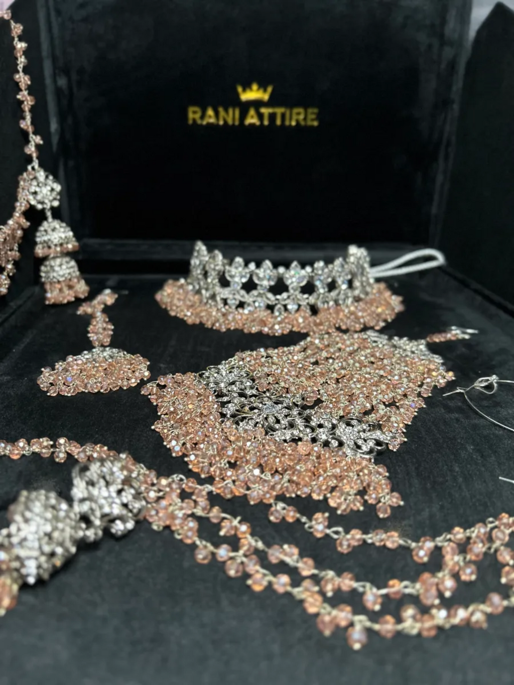 Silver Necklace + Peach Pink heavily beaded earrings & tikka - Jewelsbyrani