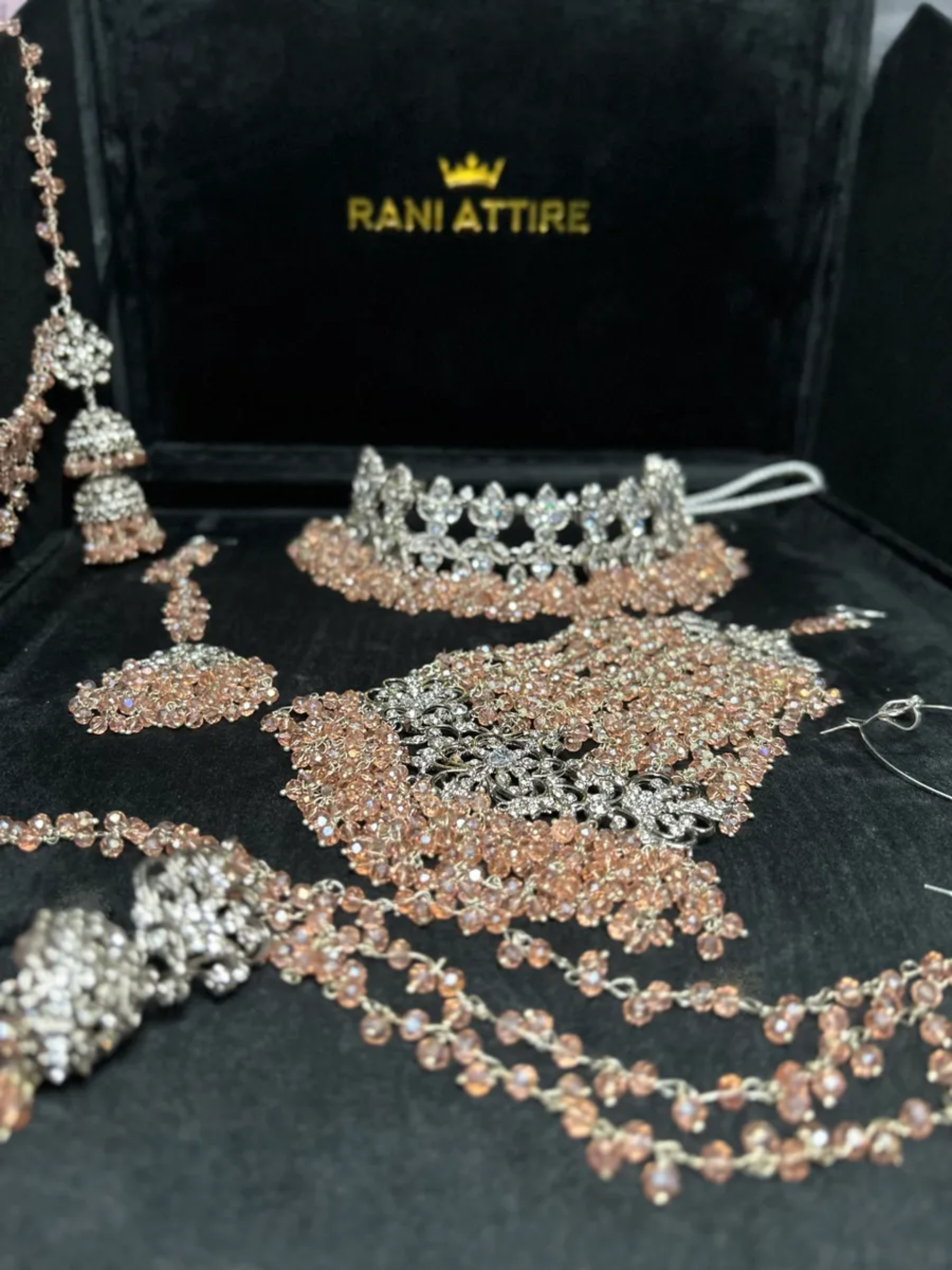 Silver Necklace + Peach Pink heavily beaded earrings & tikka