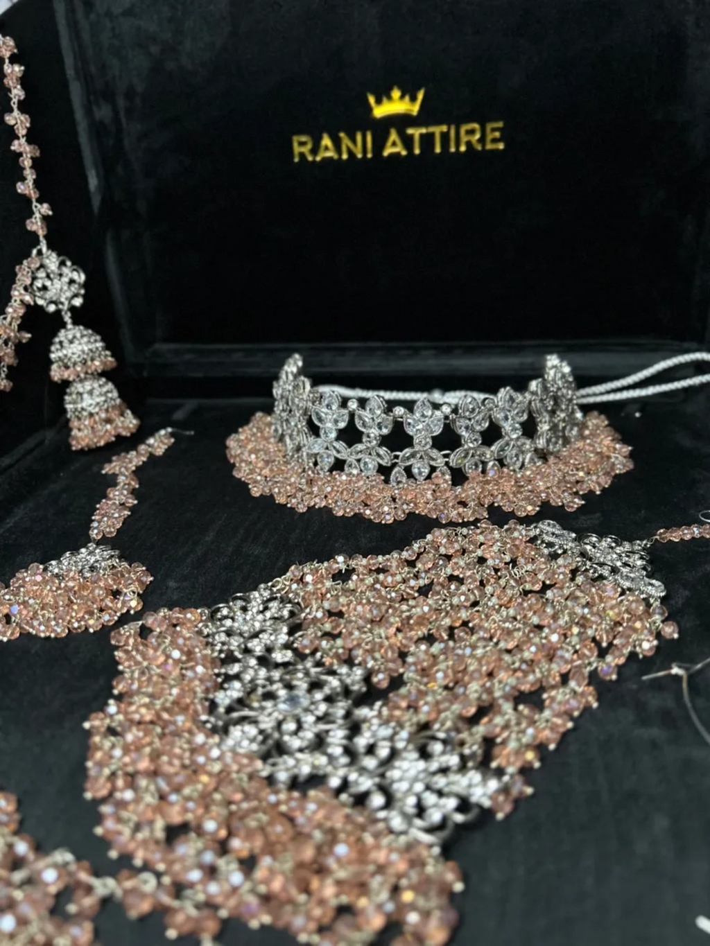 Silver Necklace + Peach Pink heavily beaded earrings & tikka - Jewelsbyrani