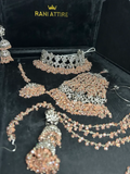 Silver Necklace + Peach Pink heavily beaded earrings & tikka - Jewelsbyrani