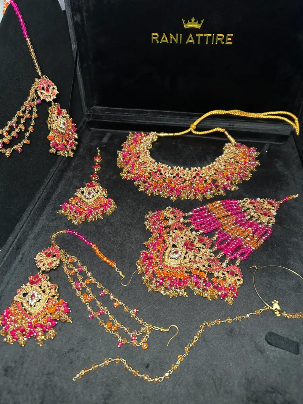 Hot Pink, Gold & Orange necklace set, with heavily beaded earrings & tikka - Jewelsbyrani