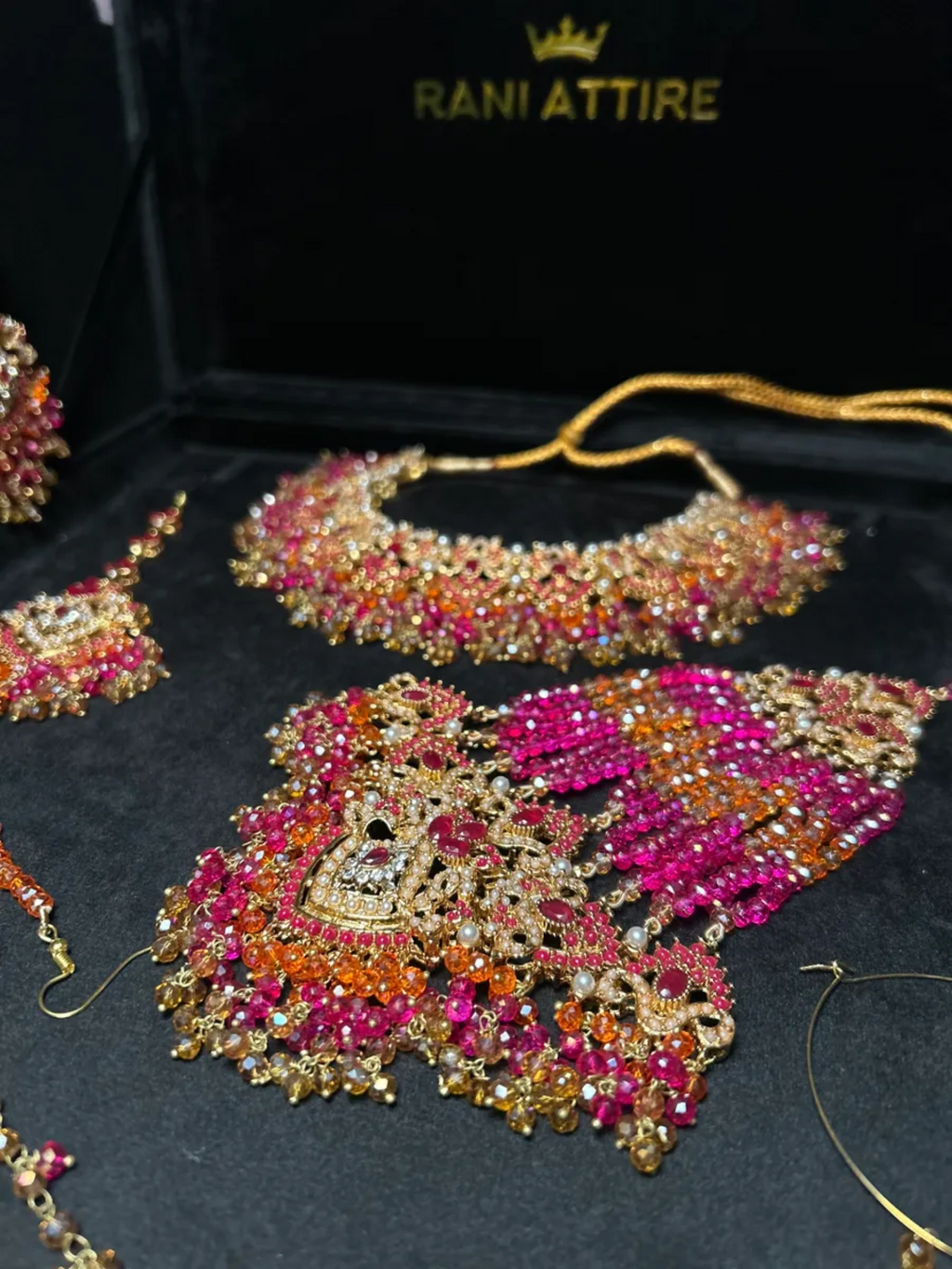 Hot Pink, Gold & Orange necklace set, with heavily beaded earrings & tikka - Jewelsbyrani
