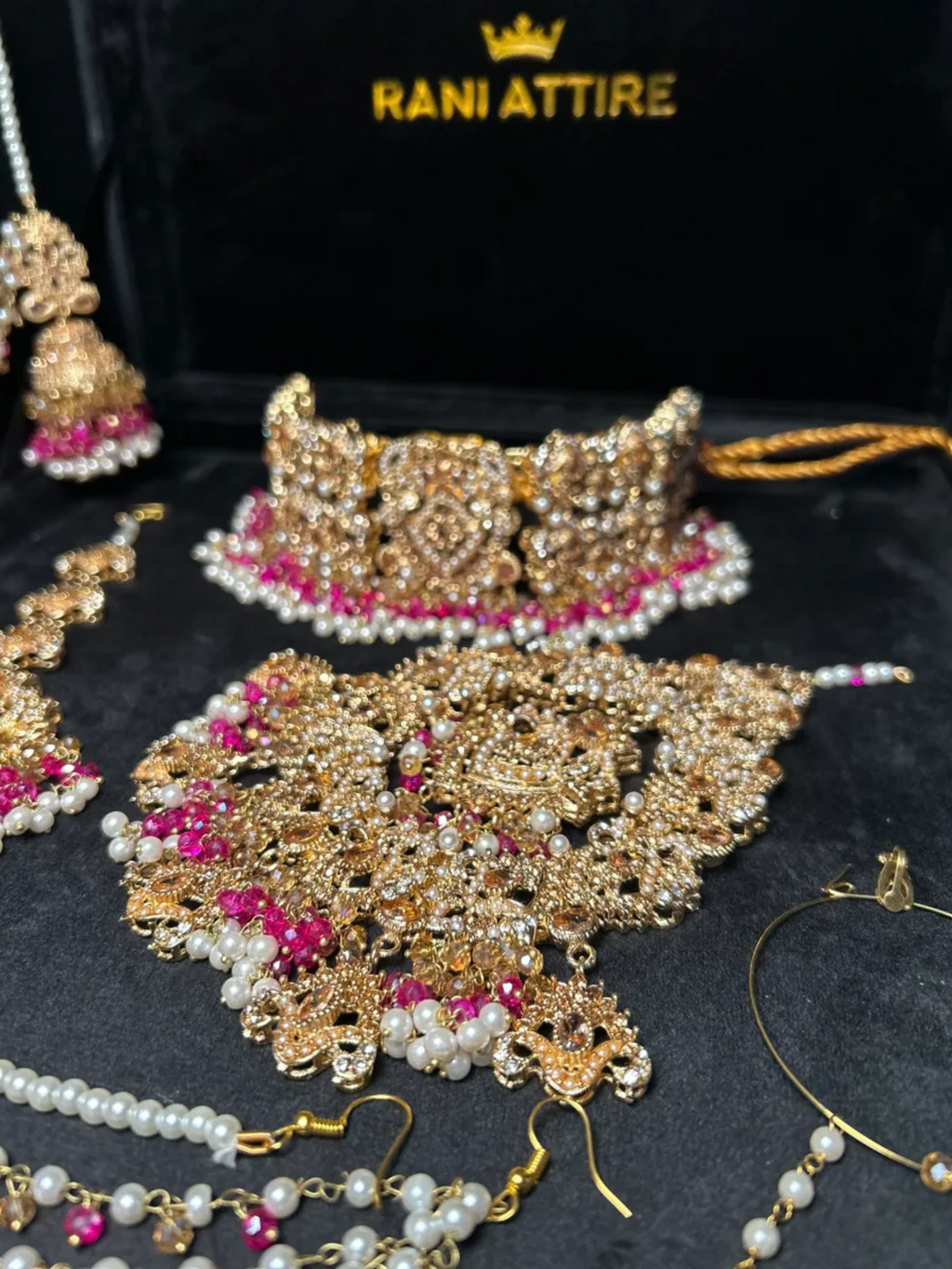 Hot Pink & Gold Choker necklace set, with heavily beaded earrings & tikka - Jewelsbyrani