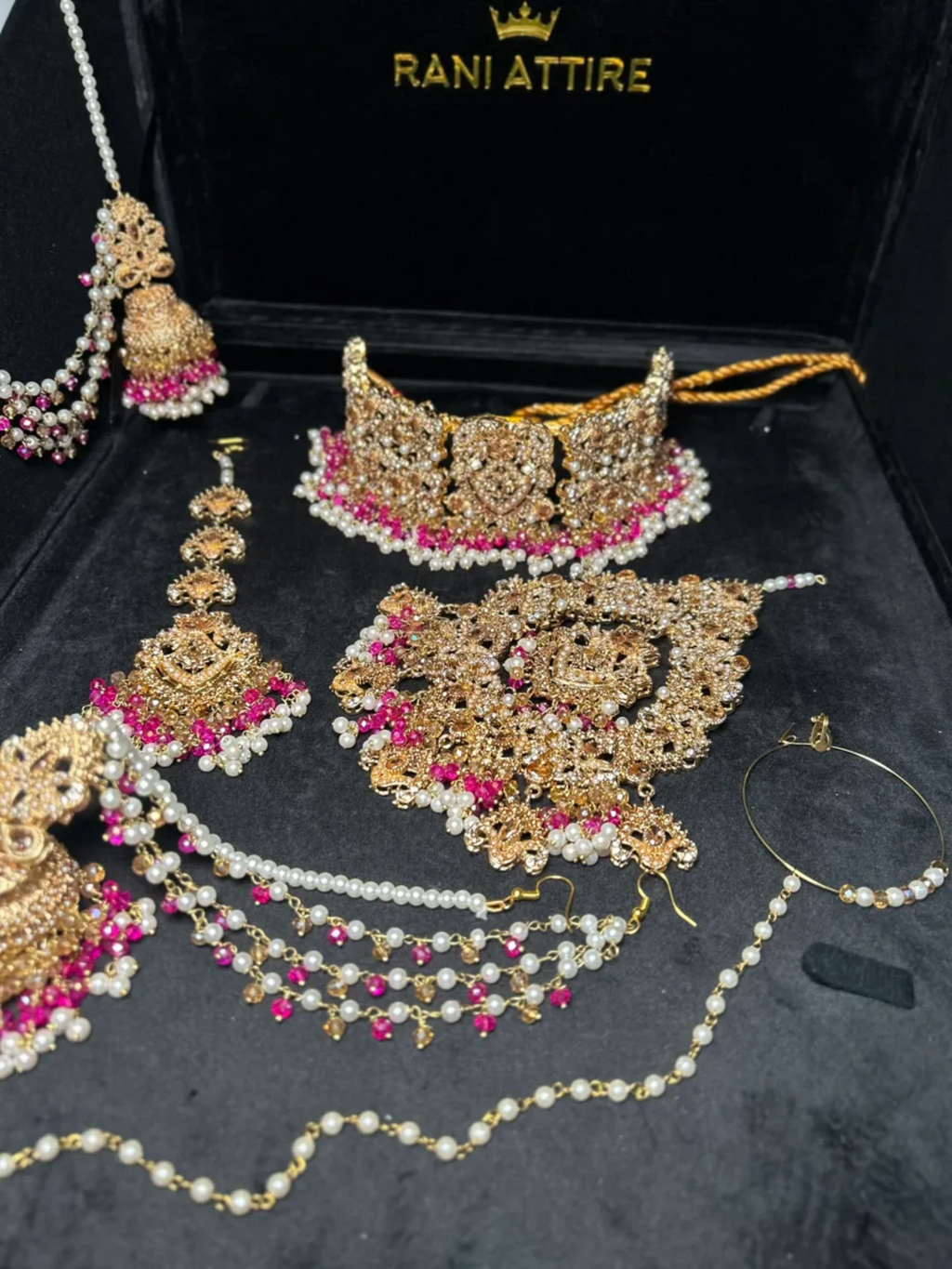 Hot Pink & Gold Choker necklace set, with heavily beaded earrings & tikka - Jewelsbyrani