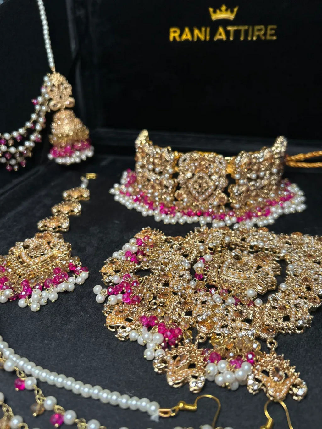 Hot Pink & Gold Choker necklace set, with heavily beaded earrings & tikka - Jewelsbyrani