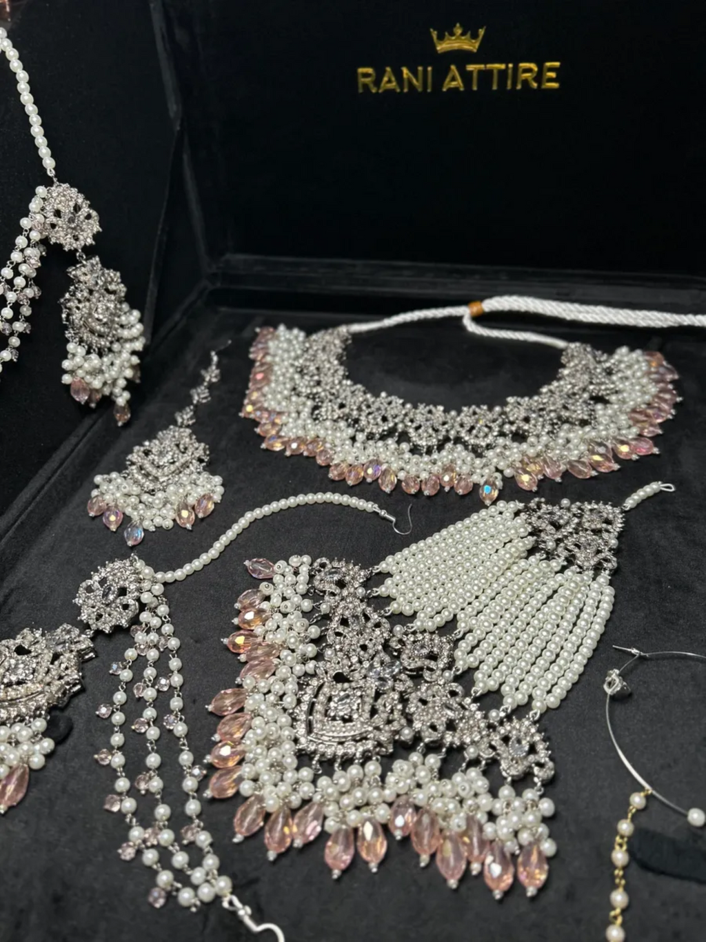 Silver Necklace + Baby Pink Crystals with heavily beaded earrings & tikka - Jewelsbyrani