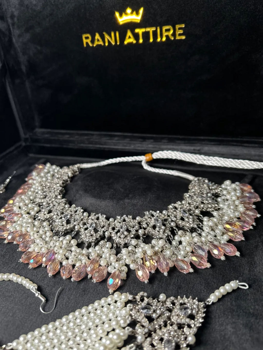 Silver Necklace + Baby Pink Crystals with heavily beaded earrings & tikka - Jewelsbyrani