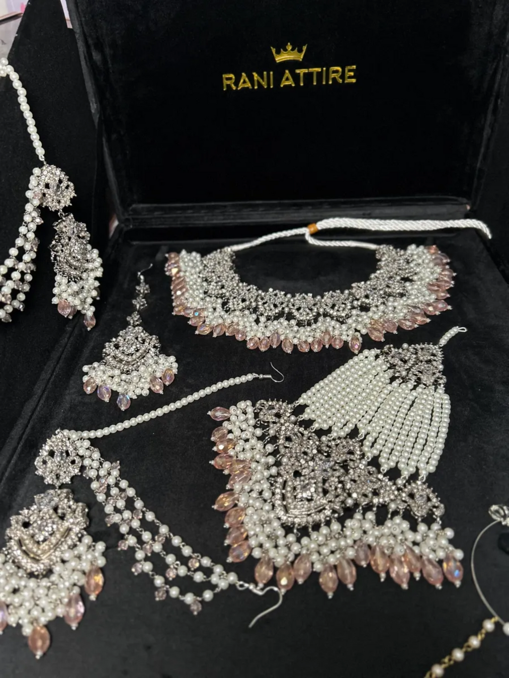 Silver Necklace + Baby Pink Crystals with heavily beaded earrings & tikka - Jewelsbyrani