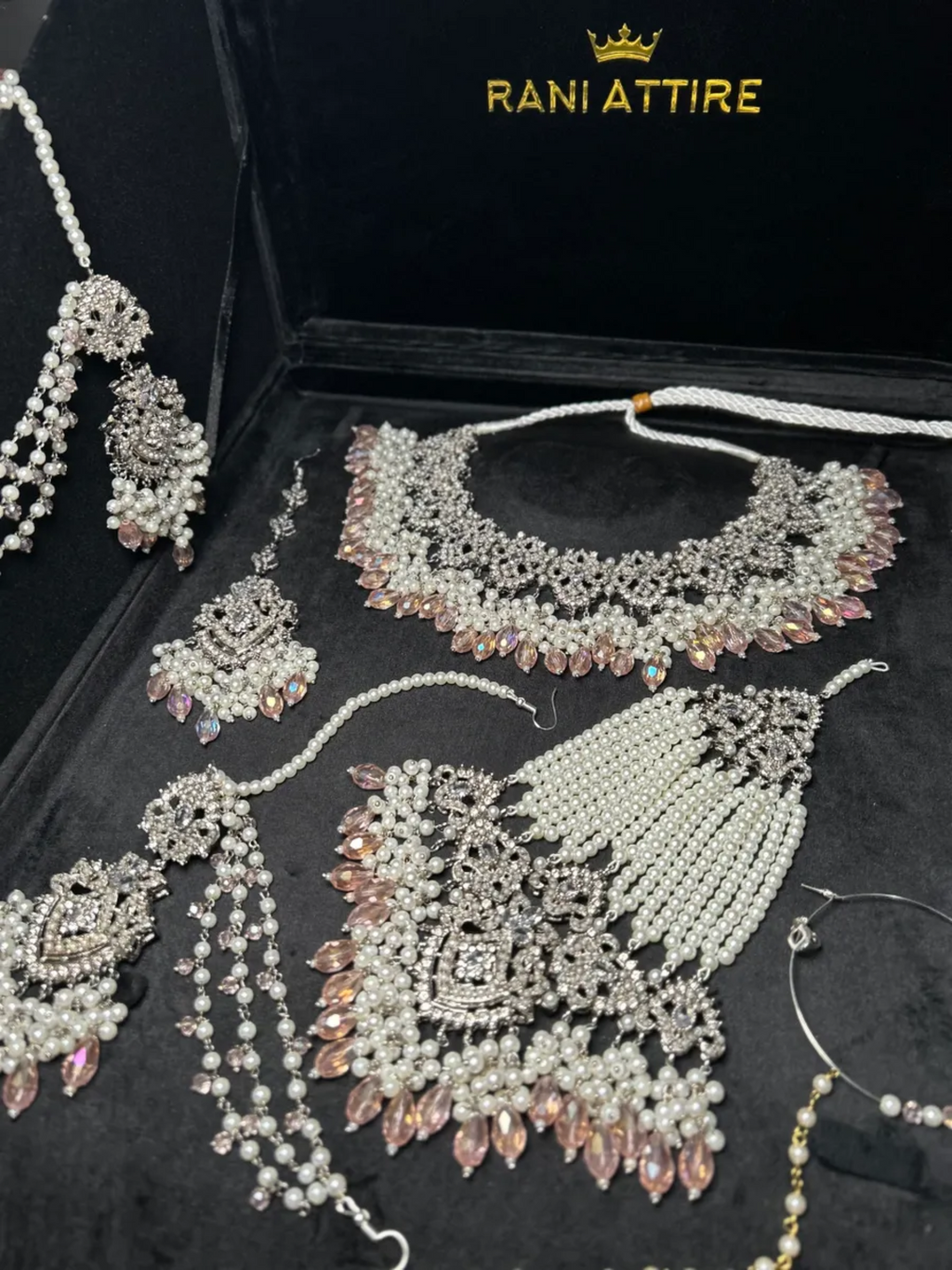Silver Necklace + Baby Pink Crystals with heavily beaded earrings & tikka - Jewelsbyrani
