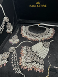 Silver Necklace + Baby Pink Crystals with heavily beaded earrings & tikka - Jewelsbyrani