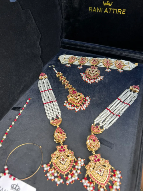 Gold & Red Choker set, with heavily beaded jhumkies & tikka. - Jewelsbyrani