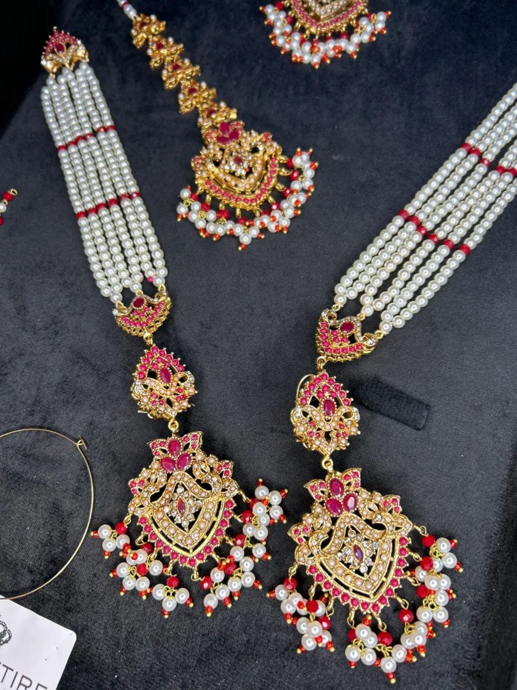 Gold & Red Choker set, with heavily beaded jhumkies & tikka. - Jewelsbyrani