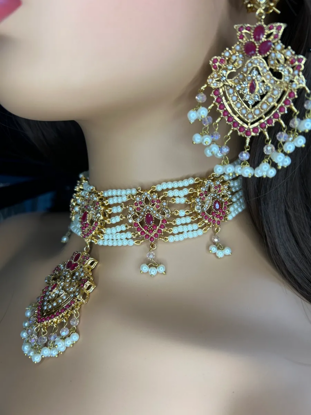 Gold & baby pink Choker set, with heavily beaded jhumkies & tikka. - Jewelsbyrani