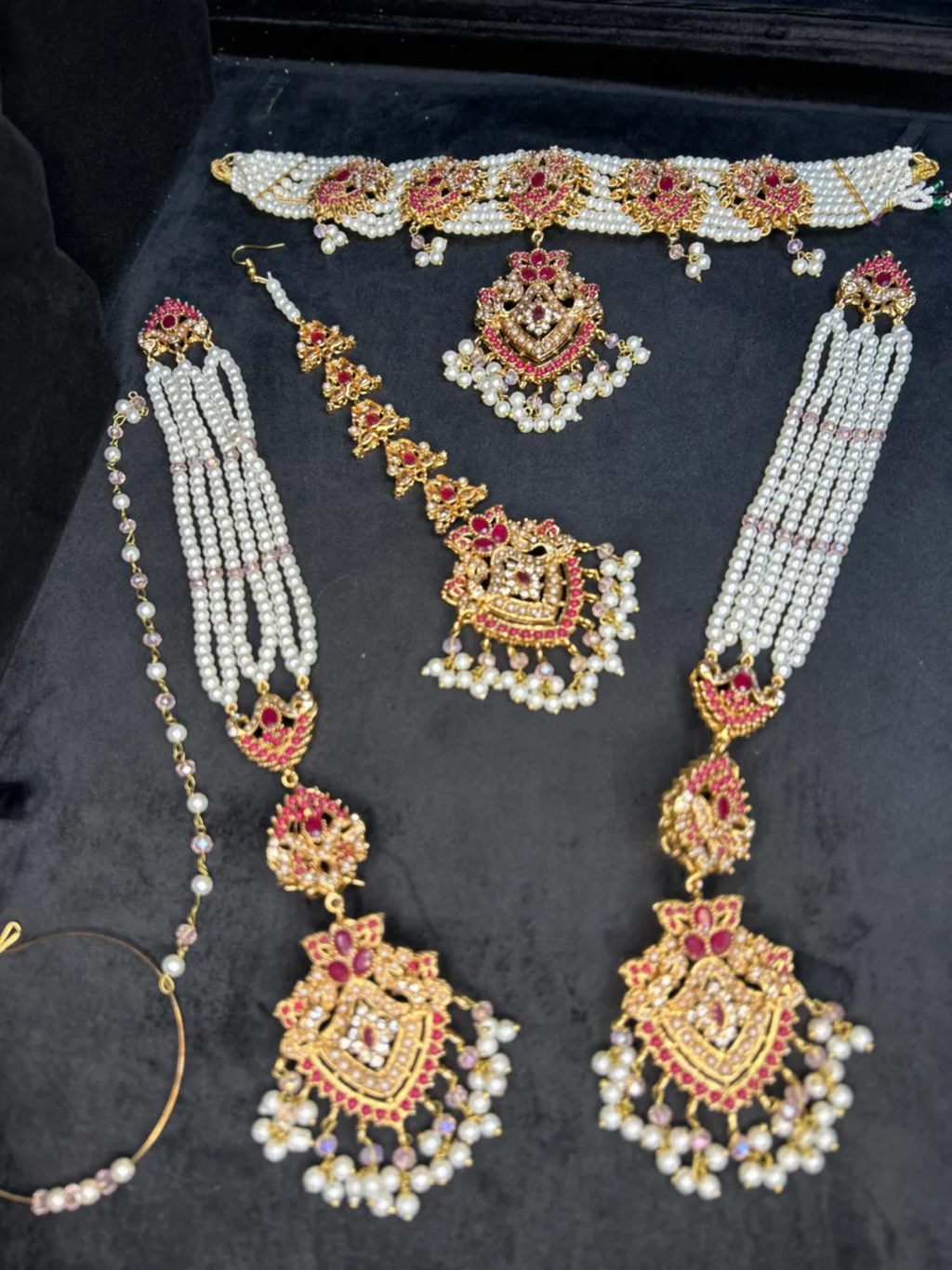 Gold & baby pink Choker set, with heavily beaded jhumkies & tikka. - Jewelsbyrani