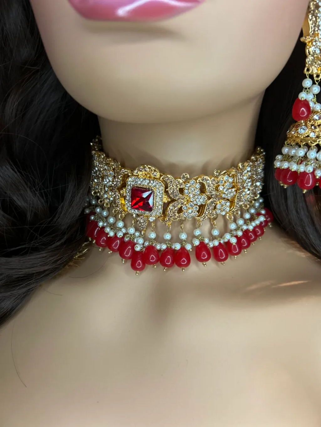 Red & Gold necklace set, with heavily beaded earrings & tikka. - Jewelsbyrani