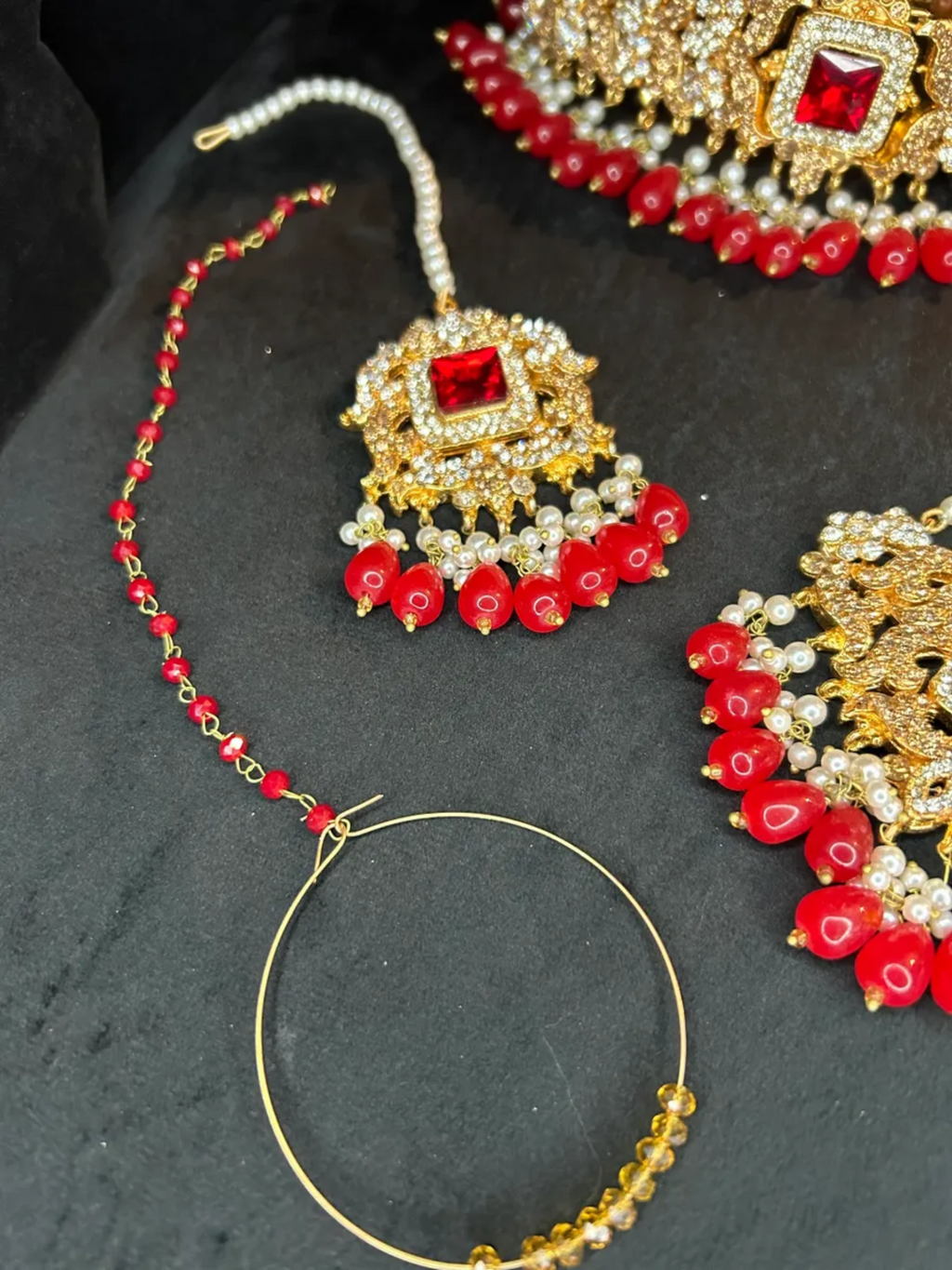 Red & Gold necklace set, with heavily beaded earrings & tikka. - Jewelsbyrani