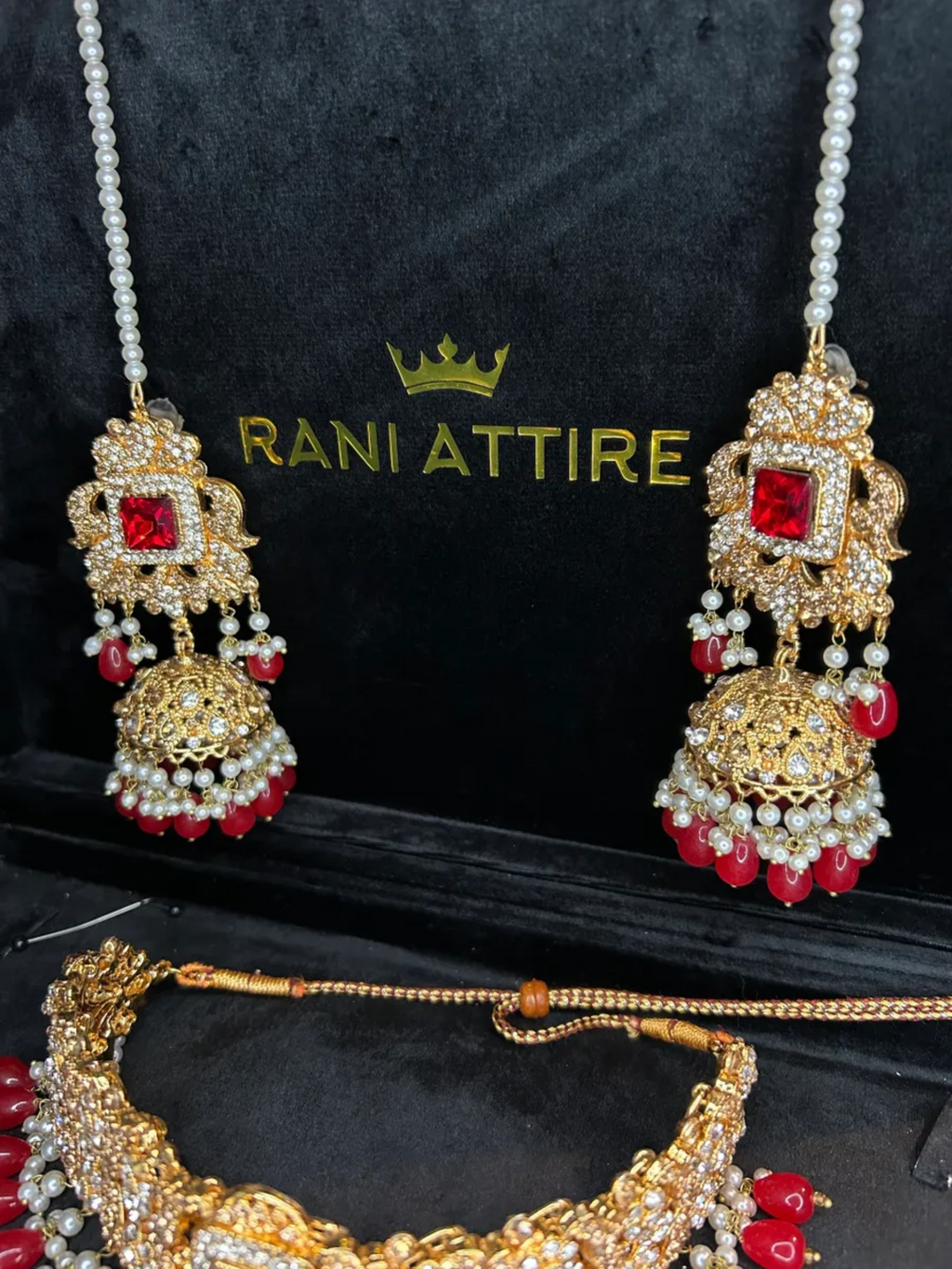 Red & Gold necklace set, with heavily beaded earrings & tikka. - Jewelsbyrani