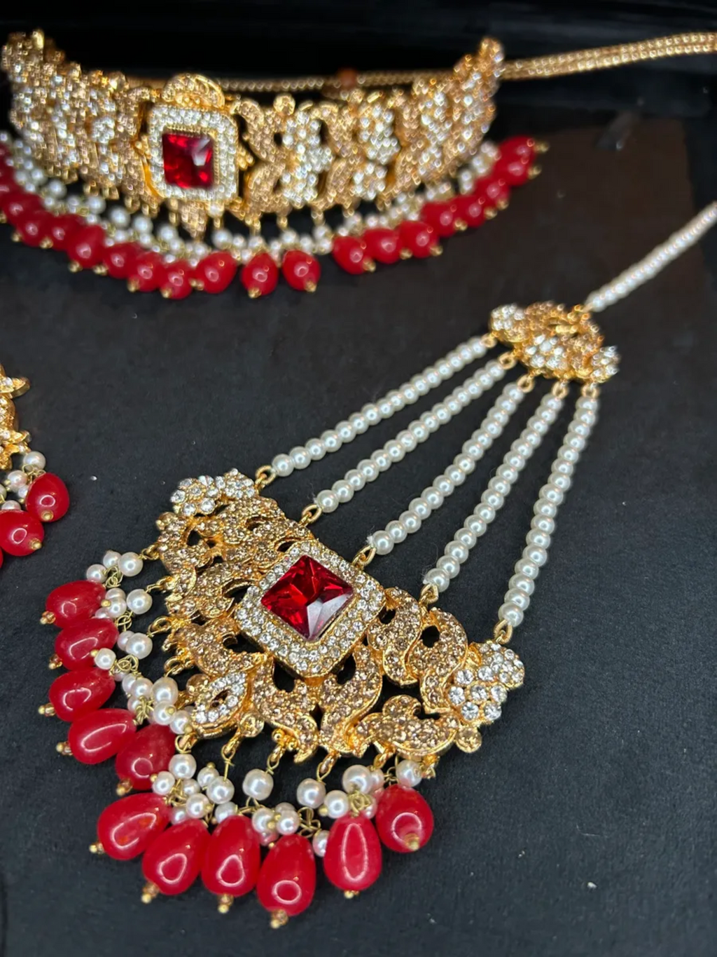 Red & Gold necklace set, with heavily beaded earrings & tikka. - Jewelsbyrani