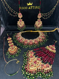 Gold,Green & Maroon set, with heavily beaded jhumkies & tikka. - Jewelsbyrani