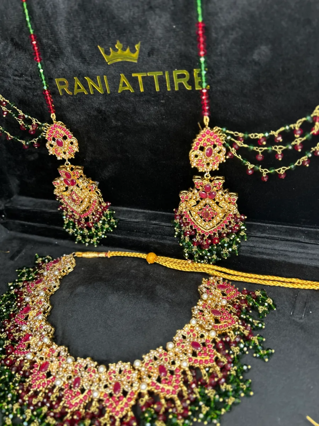 Gold,Green & Maroon set, with heavily beaded jhumkies & tikka. - Jewelsbyrani