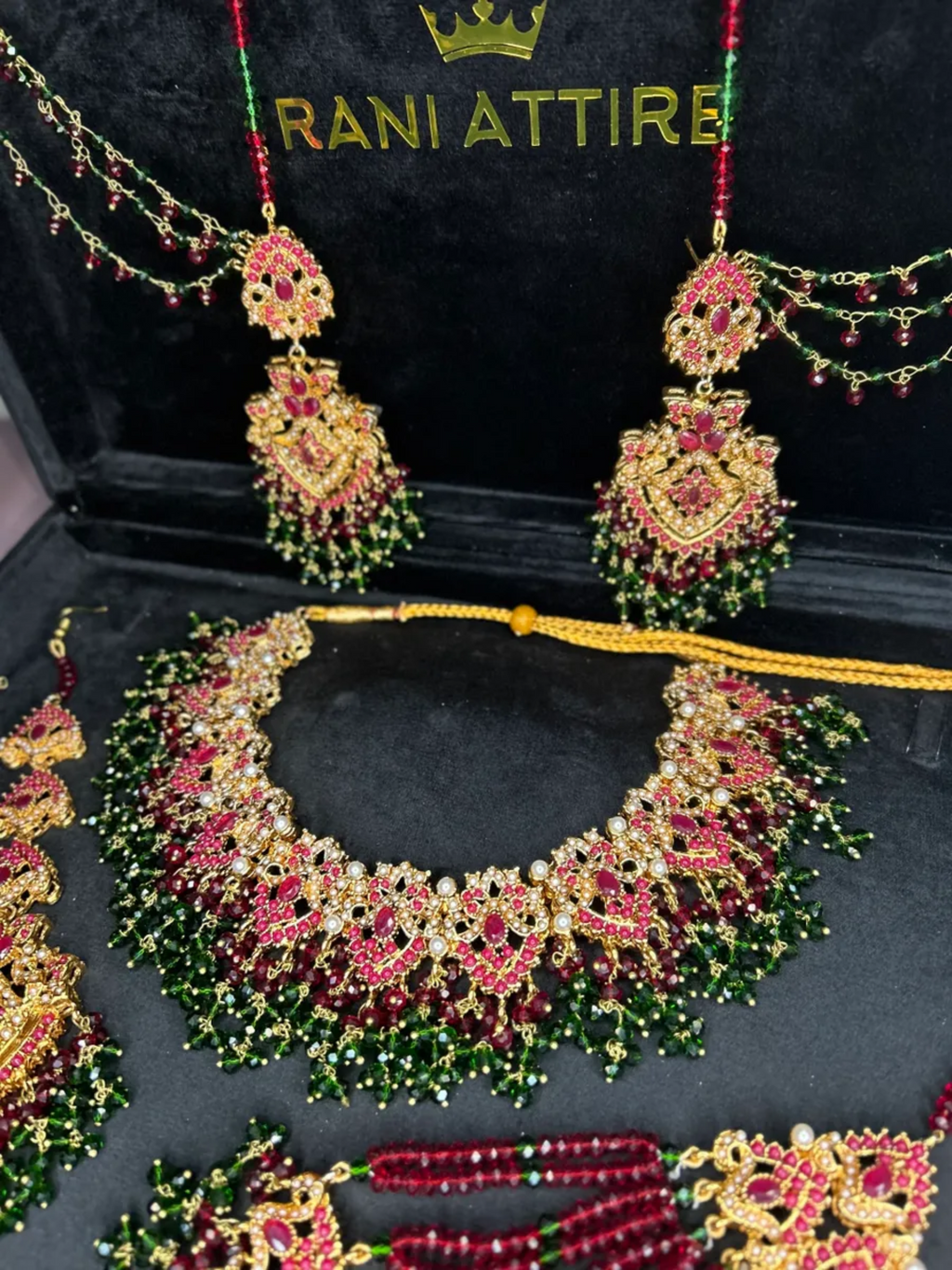 Gold,Green & Maroon set, with heavily beaded jhumkies & tikka. - Jewelsbyrani