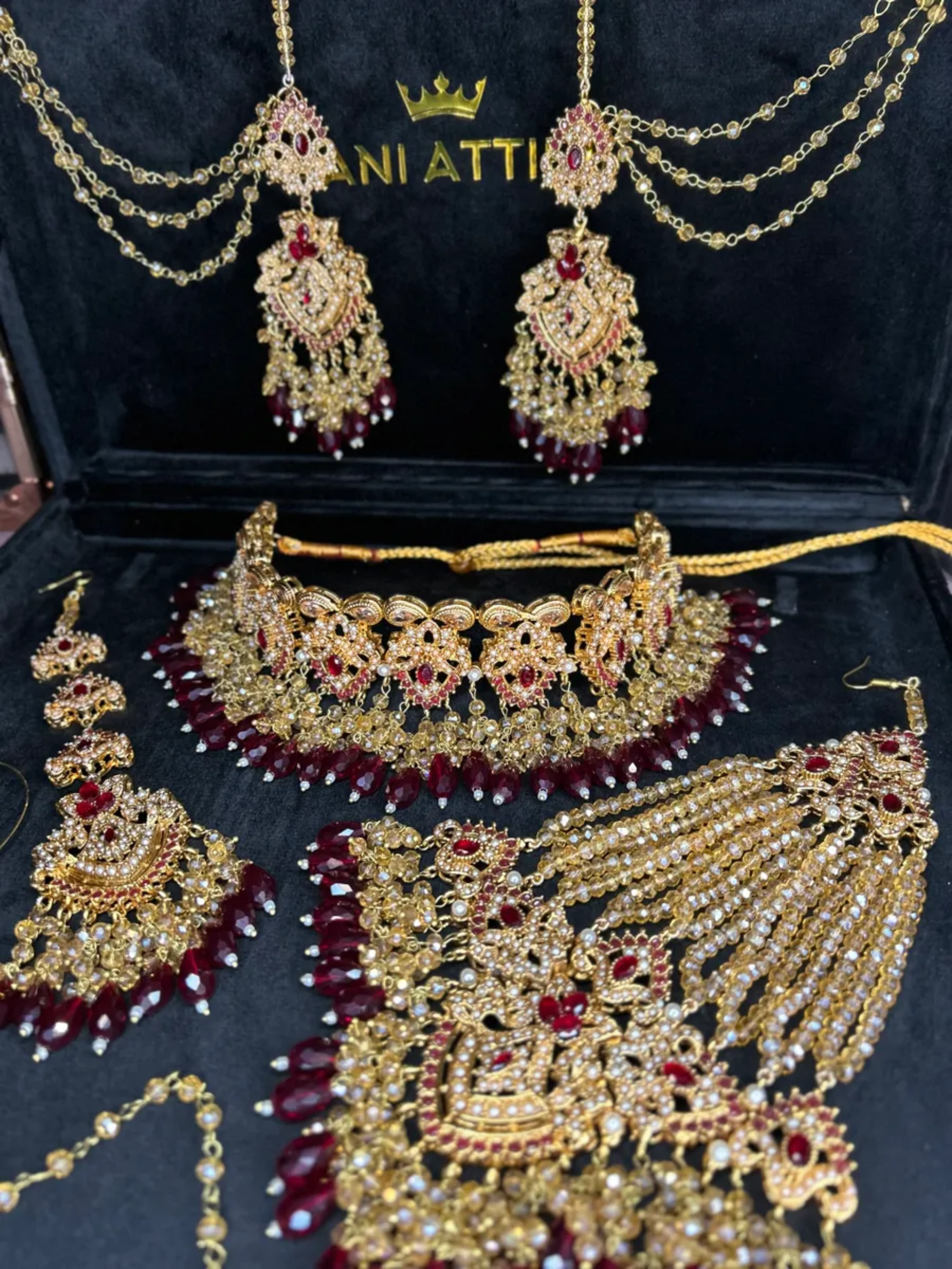 Maroon & Gold Choker necklace set, with heavily beaded earrings & tikka