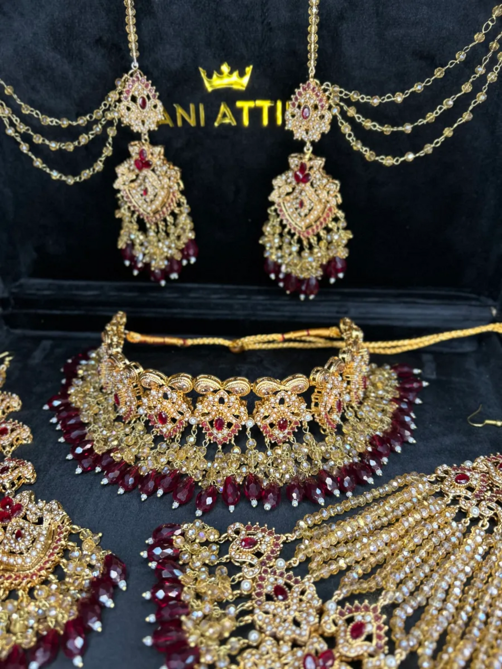 Maroon & Gold Choker necklace set, with heavily beaded earrings & tikka - Jewelsbyrani