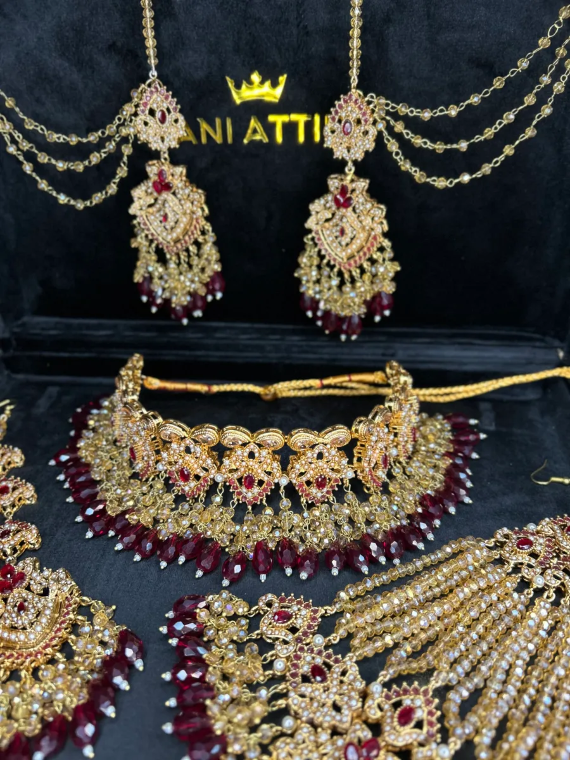 Maroon & Gold Choker necklace set, with heavily beaded earrings & tikka