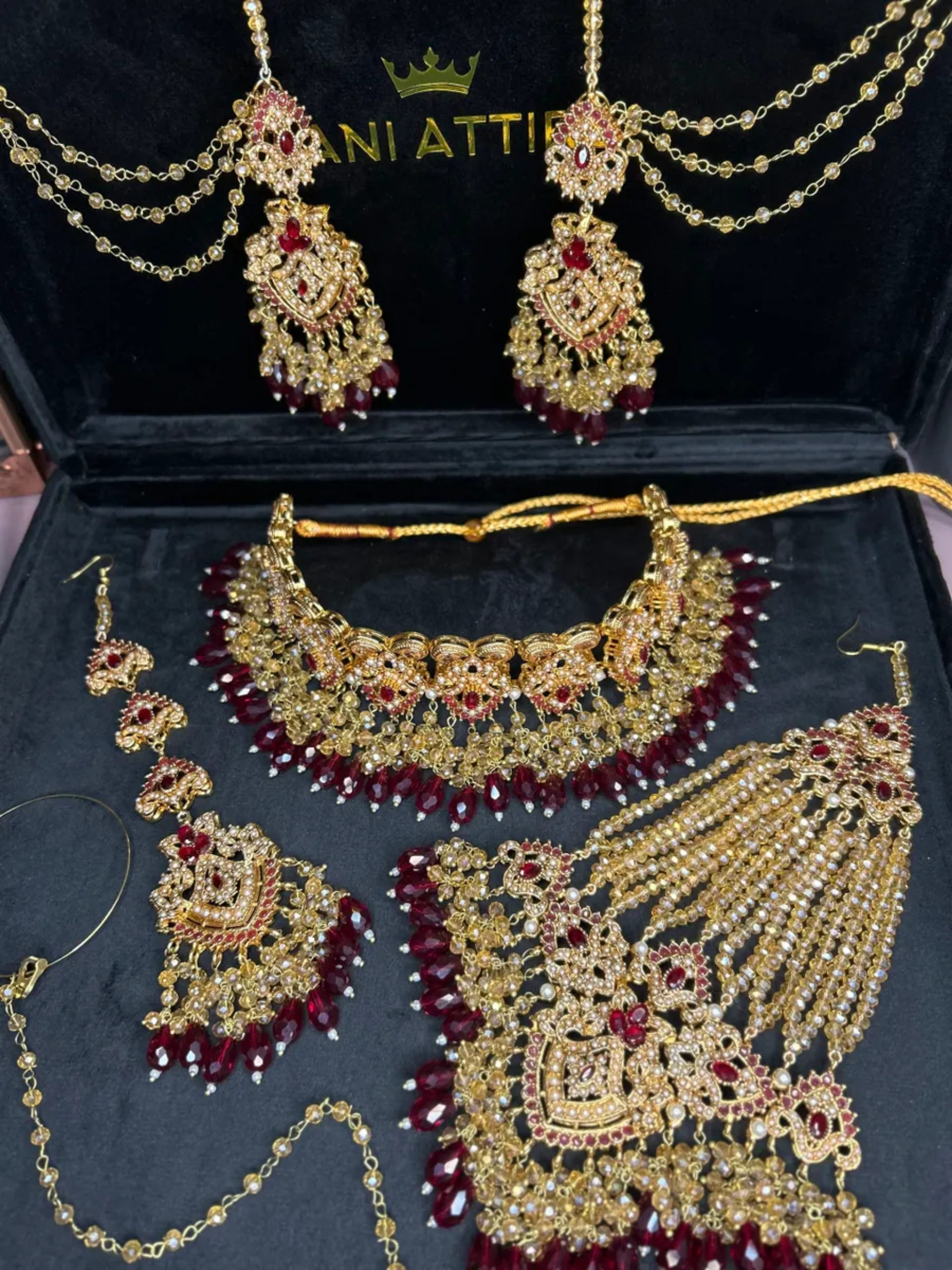 Maroon & Gold Choker necklace set, with heavily beaded earrings & tikka