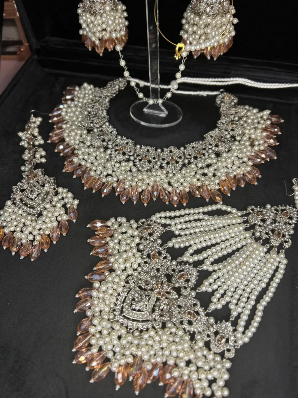 Silver Necklace + Baby Pink Crystals with heavily beaded earrings & tikka - Jewelsbyrani