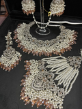 Silver Necklace + Baby Pink Crystals with heavily beaded earrings & tikka - Jewelsbyrani