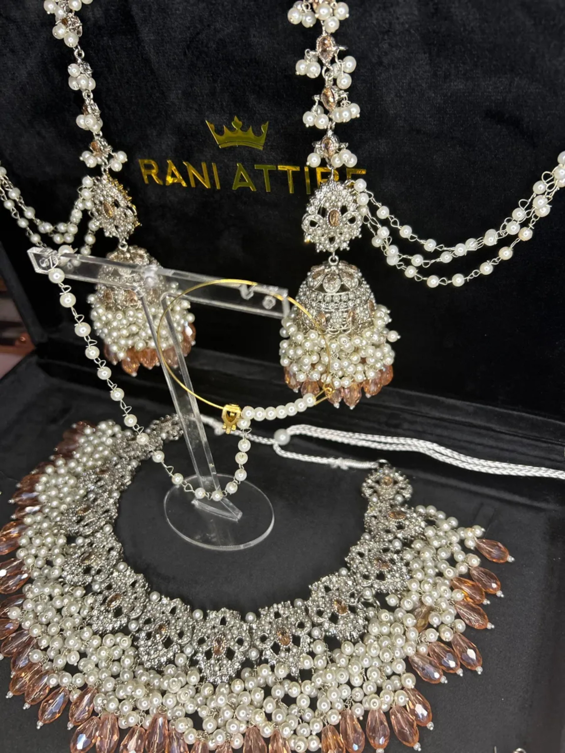 Silver Necklace + Baby Pink Crystals with heavily beaded earrings & tikka - Jewelsbyrani
