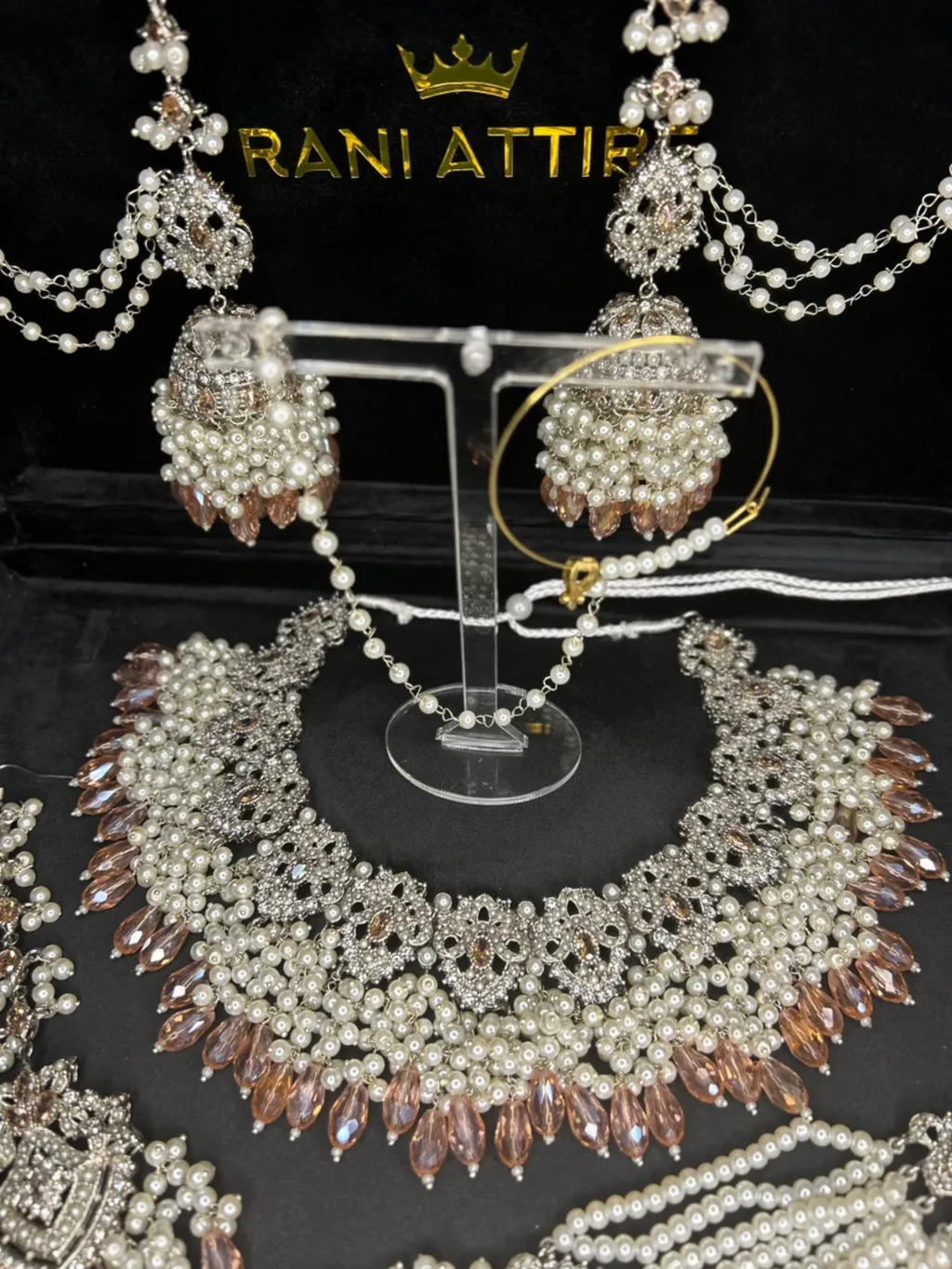 Silver Necklace + Baby Pink Crystals with heavily beaded earrings & tikka - Jewelsbyrani