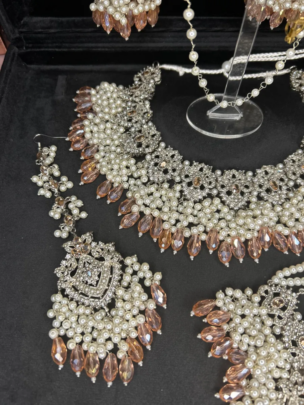 Silver Necklace + Baby Pink Crystals with heavily beaded earrings & tikka - Jewelsbyrani