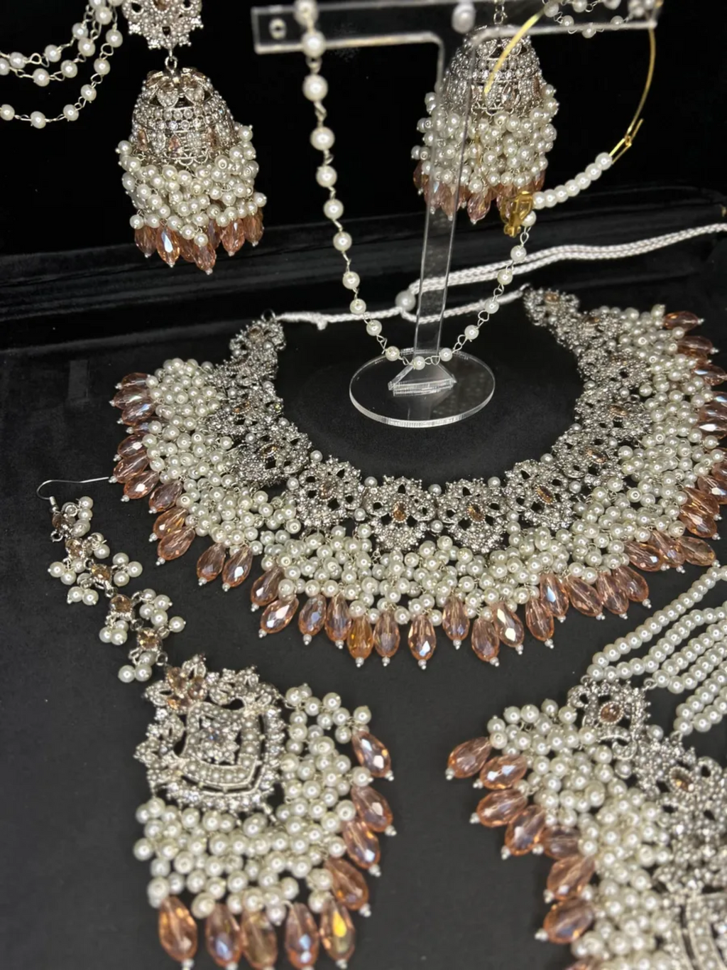 Silver Necklace + Baby Pink Crystals with heavily beaded earrings & tikka - Jewelsbyrani