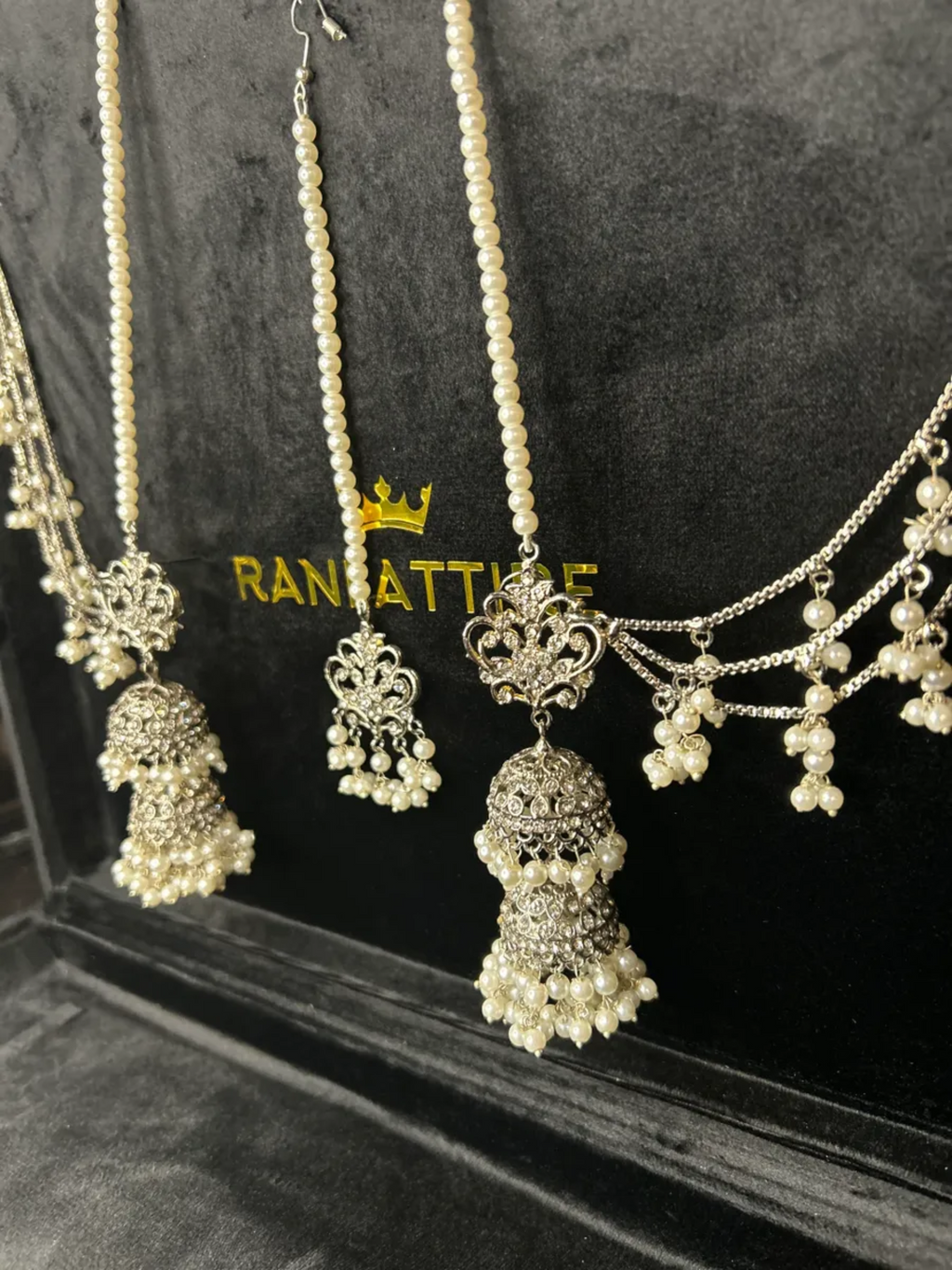 Beautiful Silver & White Jhumkies & Tikka Set With Chained Saharas - Jewelsbyrani
