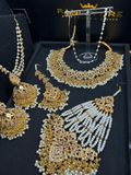 Gold & White Necklace set, with heavily beaded jhumkies & tikka. - Jewelsbyrani