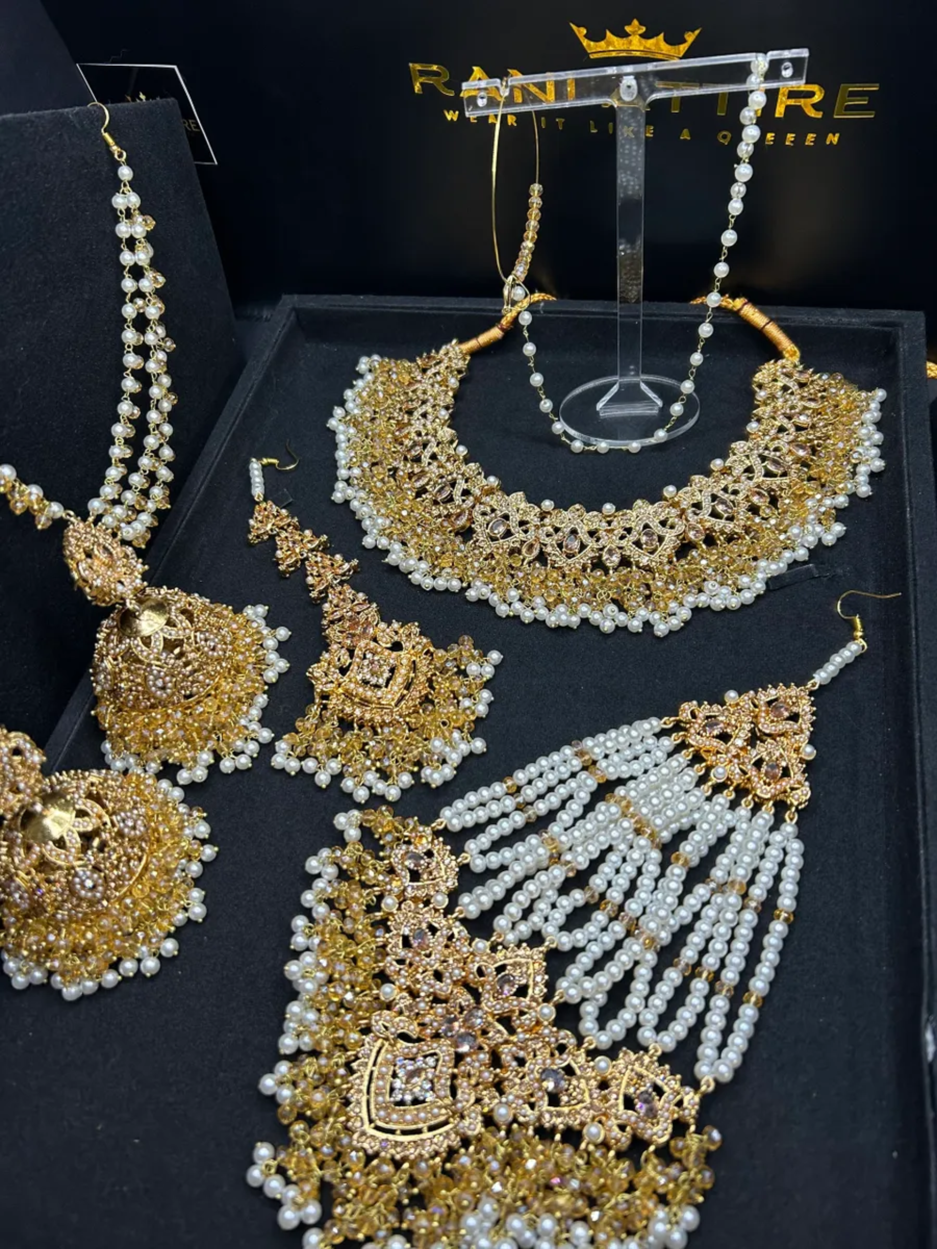 Gold & White Necklace set, with heavily beaded jhumkies & tikka.