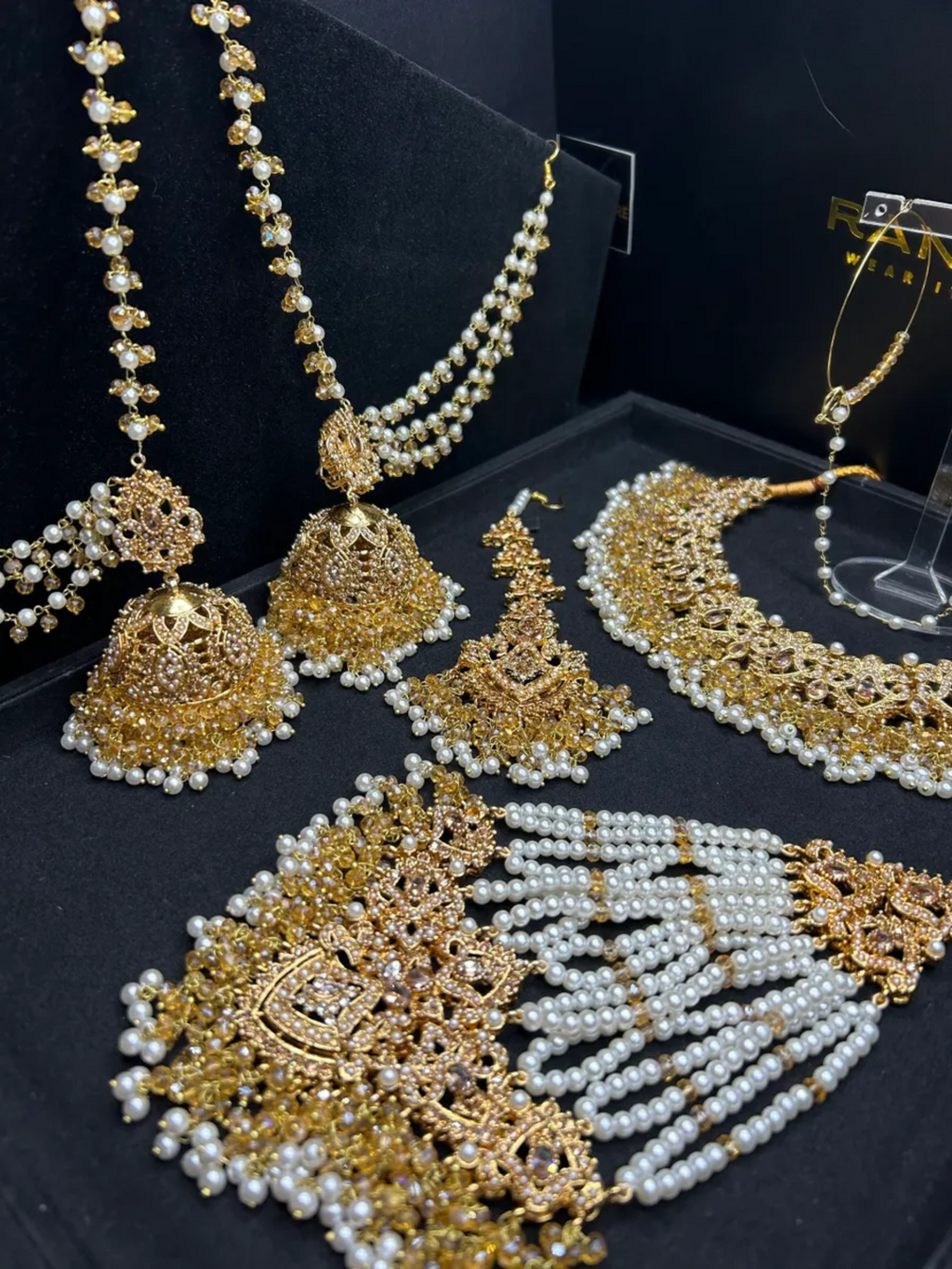 Gold & White Necklace set, with heavily beaded jhumkies & tikka. - Jewelsbyrani