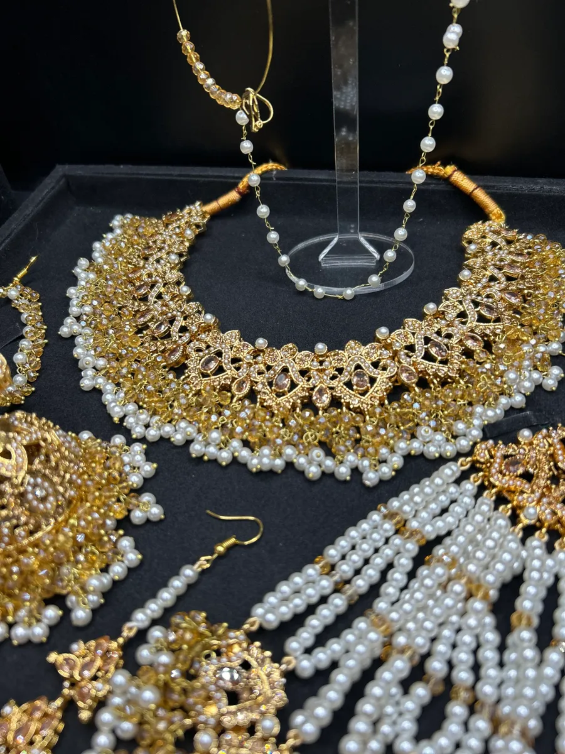 Gold & White Necklace set, with heavily beaded jhumkies & tikka.