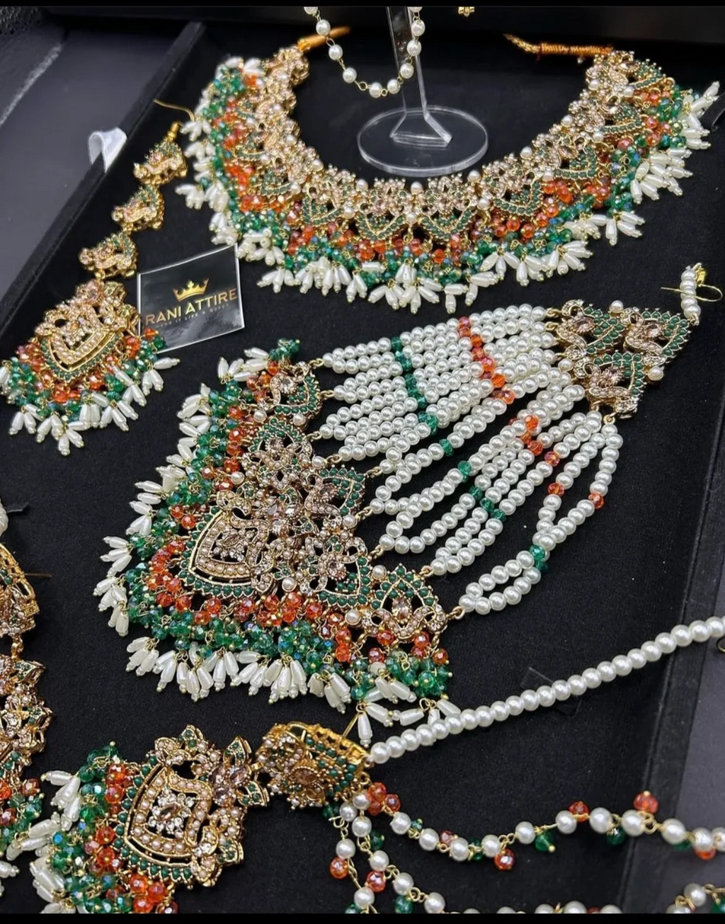 Orange & Green coloured necklace set, with heavily beaded earrings & tikka - Jewelsbyrani